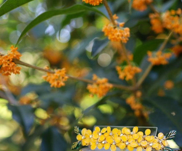 金木犀とリーフのバレッタ 秋のヘアアクセサリー - ショップ ちくわ