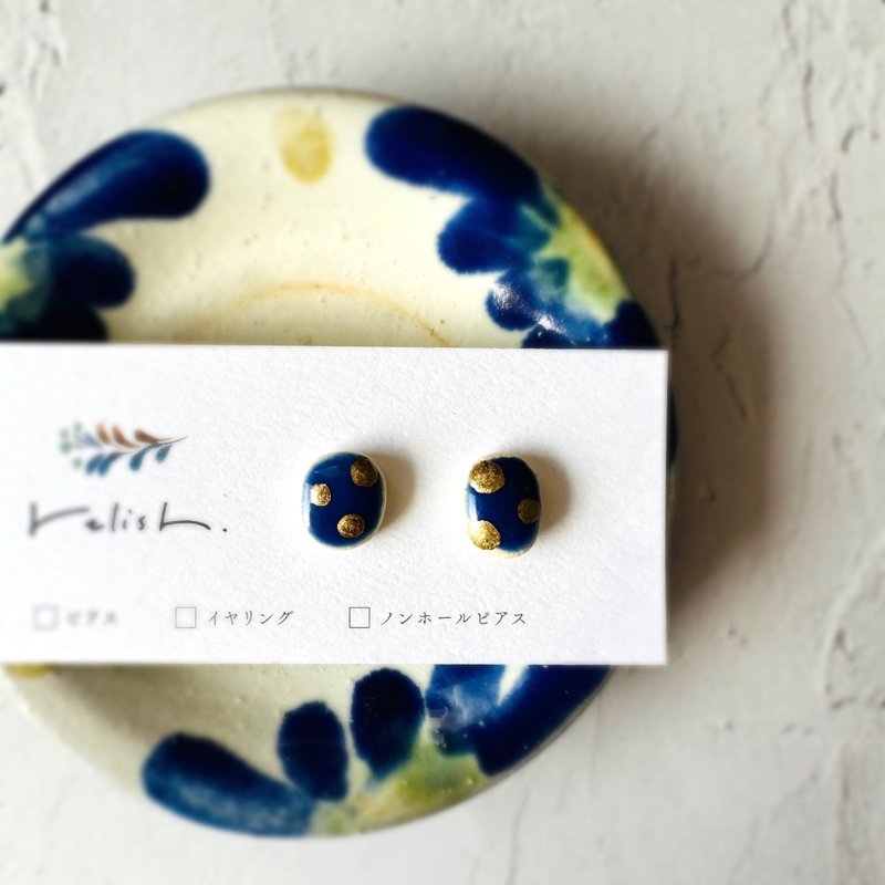 Dot pottery gold joint Clip-On earrings non-pierced earrings polka dot lapis lazuli blue blue gold gold simple - ต่างหู - ดินเผา สีน้ำเงิน