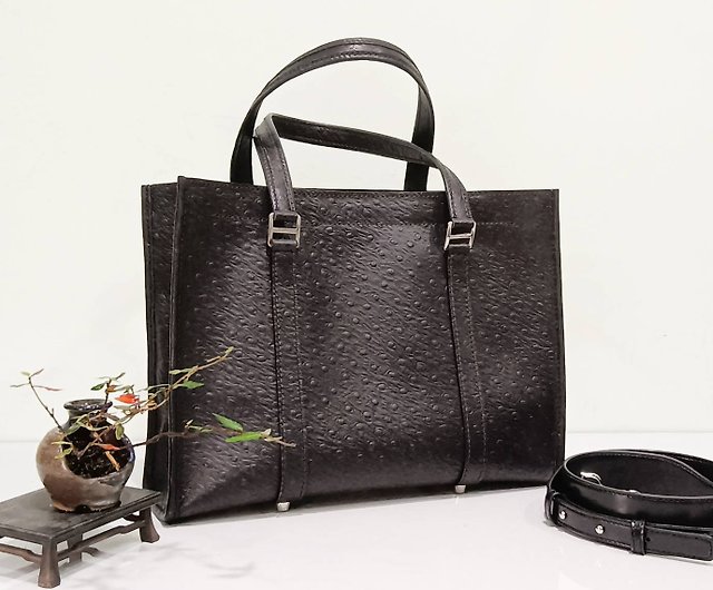 22 Tote Vegan Ostrich Leather Zip Tote Handbag - Black , 18 x 4 x 13