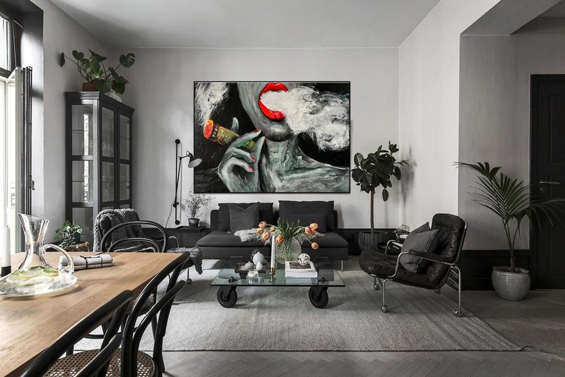 Abstract Smoking Woman Paintings On Canvas Original Figurative Acrylic Art - 壁貼/牆壁裝飾 - 壓克力 灰色
