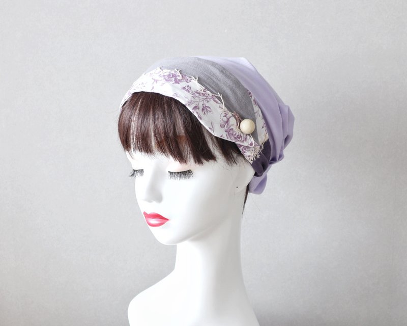 刺繍飾り・ボタン付きサッシュベルト(すみれの花柄A)とすみれ色のヘアターバン 医療用帽子/ケア帽子 ケアキャップ - 髮圈/髮夾 - 棉．麻 紫色