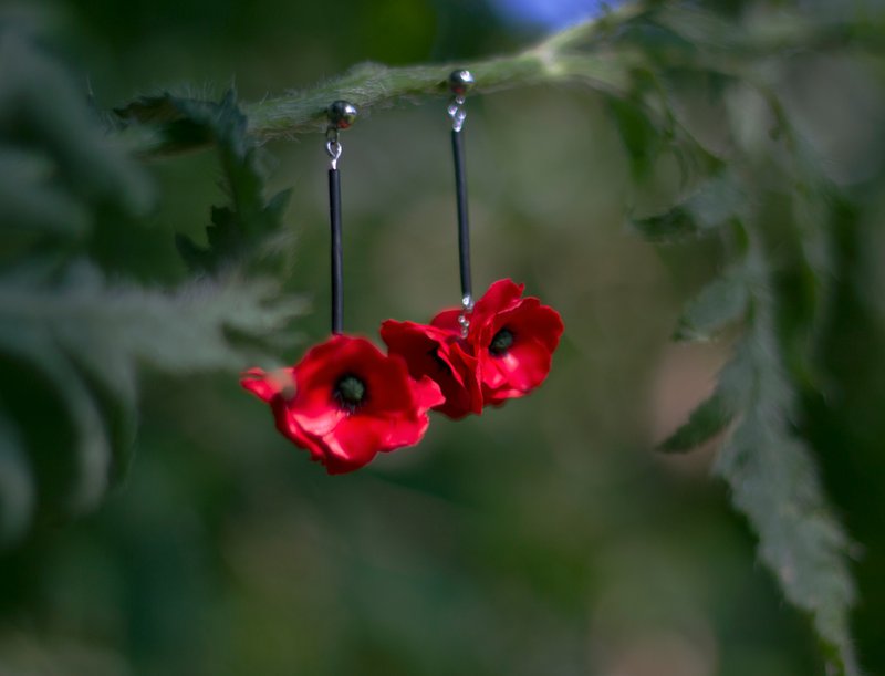 Red poppy earrings Polymer clay earrings Flower earrings - ต่างหู - วัสดุอื่นๆ สีแดง