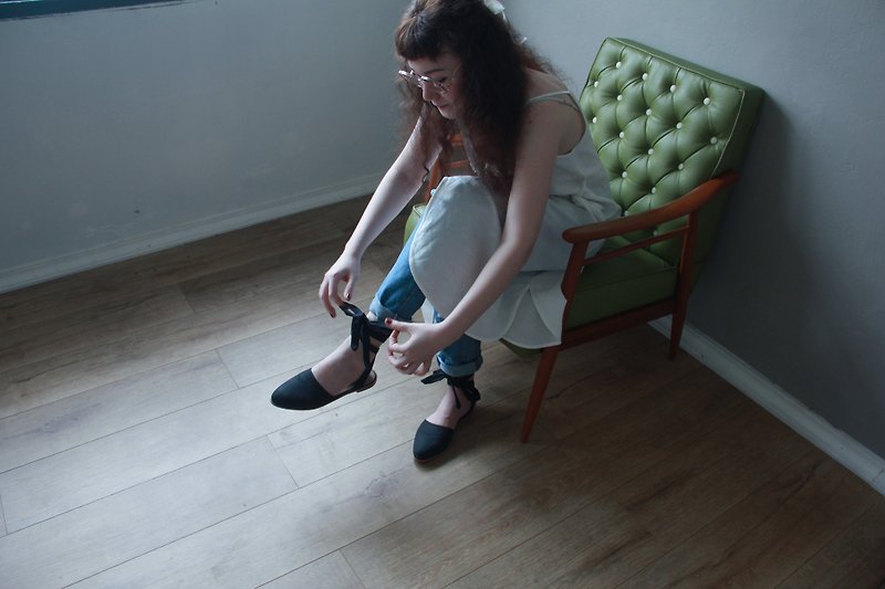 Mademoiselle Sandals - รองเท้ารัดส้น - ผ้าฝ้าย/ผ้าลินิน สีดำ