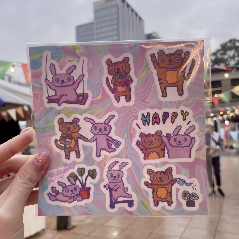 Die stickers | The happy life of bunny and kitten - สติกเกอร์ - วัสดุกันนำ้ หลากหลายสี