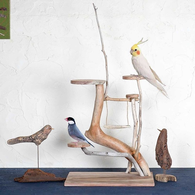 Driftwood perch　Birdland Lullaby　Bird stand　perch　driftwood　driftwood art　113 - Pet Toys - Wood Khaki