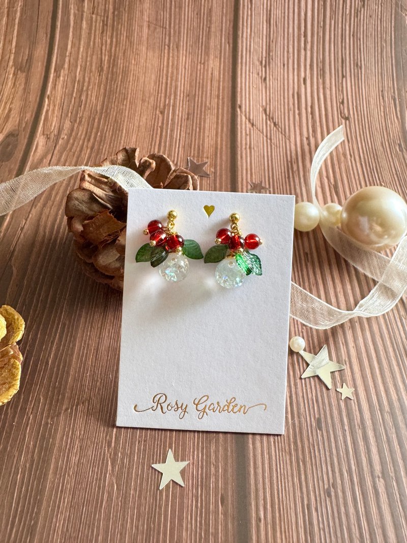 聖誕冬青水晶球耳環 - 手作節日・聖誕派對交換禮物 Rosy Garden - 耳環/耳夾/耳骨夾 - 玻璃 紅色