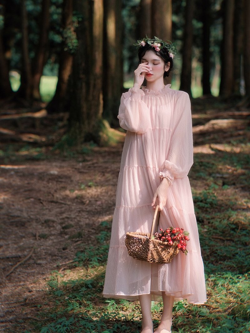 綿綿 chic復古雪紡連身裙 - 洋裝/連身裙 - 其他材質 粉紅色