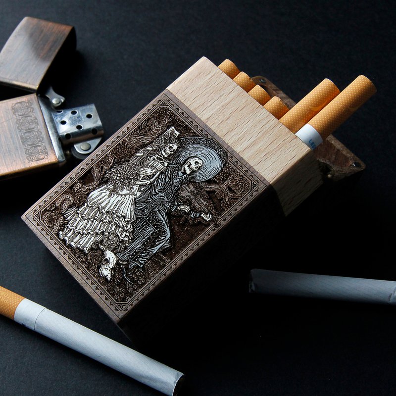 Mexican Tobacco -  Cigarette case laser engraved + hand painting - Other - Wood Brown