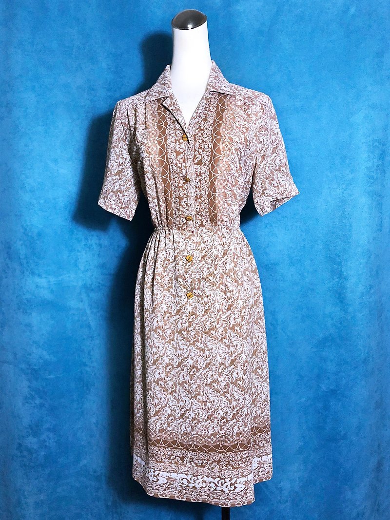 European totem chiffon short-sleeved vintage dress / brought back to VINTAGE abroad - ชุดเดรส - เส้นใยสังเคราะห์ สีกากี