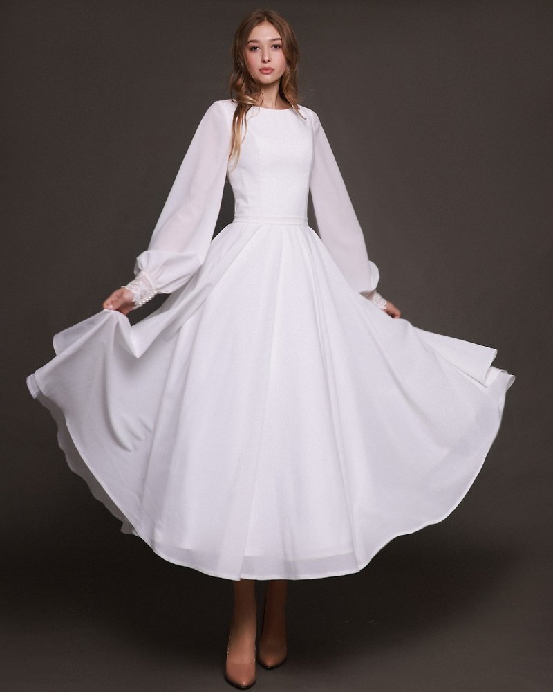 long sleeve wedding dress a line, minimalist wedding dress - 晚裝/晚禮服  - 其他材質 白色