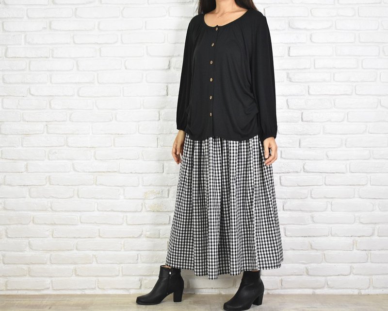 ギンガムチェックふんわりギャザーのロングスカート - 裙子/長裙 - 棉．麻 黑色