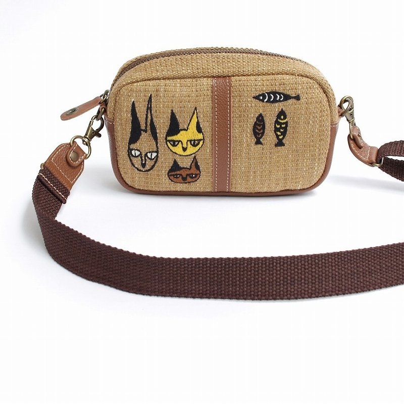 3 Cat Embroidery / Shoulder Pouch - Wallets - Genuine Leather Khaki