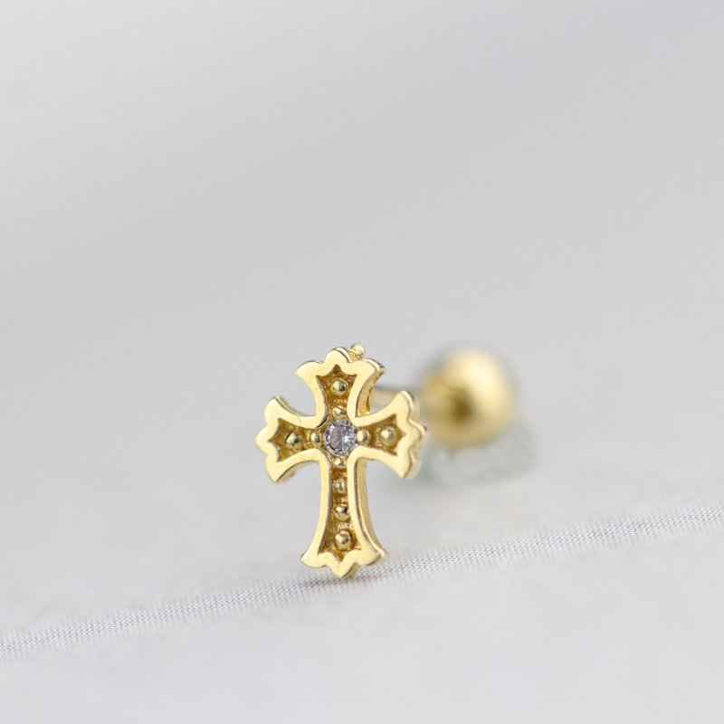 14K cross lock bead earrings (single) ear bone and ear socket will not fade - ต่างหู - เครื่องประดับ สีทอง