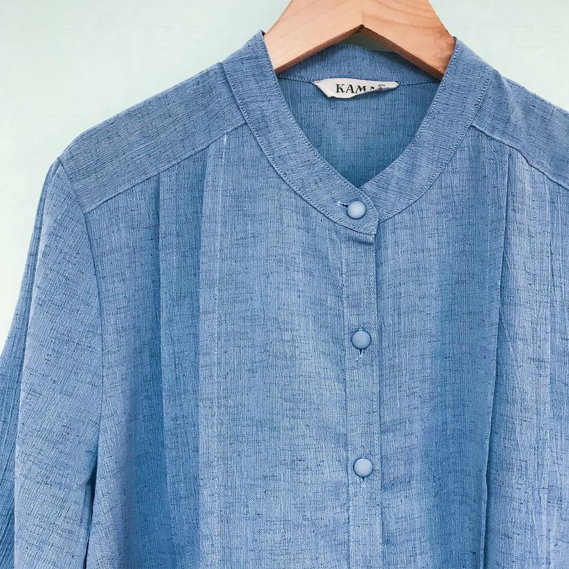 Top / Sky Blue Band-collar Short-sleeves Blouse - เสื้อเชิ้ตผู้หญิง - ผ้าฝ้าย/ผ้าลินิน สีน้ำเงิน