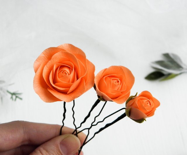 オレンジ色のバラのヘアピン 花ブライダルヘアピース 結婚式の花のヘア ...