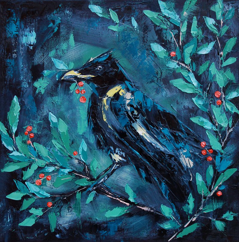 乌鸦画 乌鸦 原创艺术 鸟类艺术品 浮雕艺术 40by40 cm - 海報/掛畫/掛布 - 其他材質 黑色