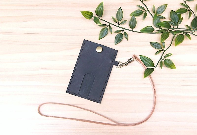 Leather leisure card set Monarch black free lettering gift lanyard - ที่ใส่บัตรคล้องคอ - หนังแท้ สีดำ