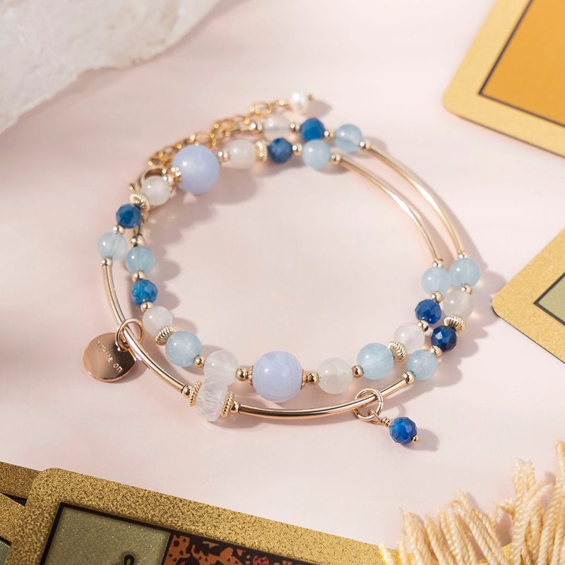 Blue veined agate aquamarine moonstone 14k gold-filled double circle crystal bracelet gift - Bracelets - Crystal Blue