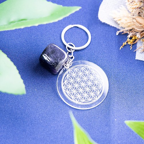 Bag Charm Key Ring Flower of Life With Amethyst Beads and 