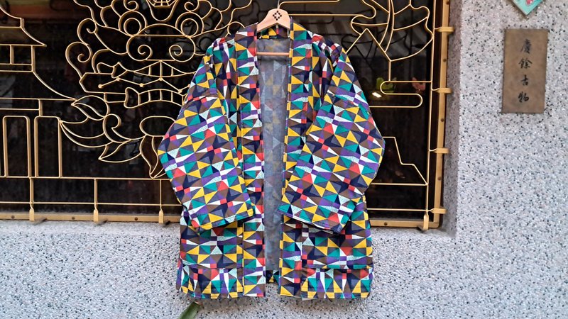 AMIN'S SHINY WORLD Denim's colorful kaleidoscope KIMONO - เสื้อโค้ทผู้ชาย - ผ้าฝ้าย/ผ้าลินิน หลากหลายสี