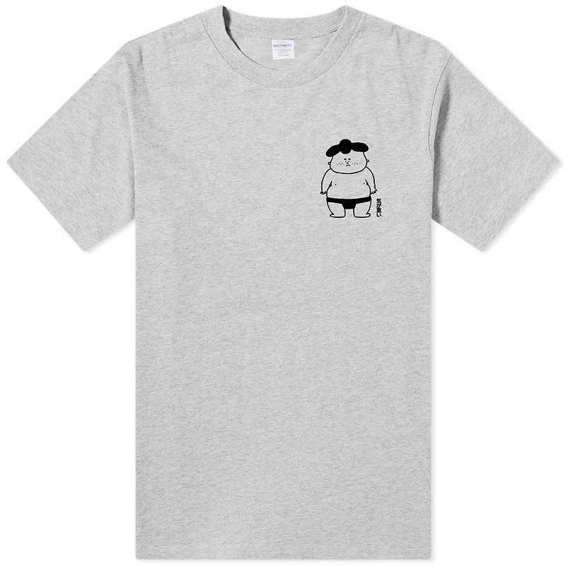 左胸 憂傷相撲男孩 中性短袖T恤 灰色 富士山日本東京日文禮物 - T 恤 - 棉．麻 灰色
