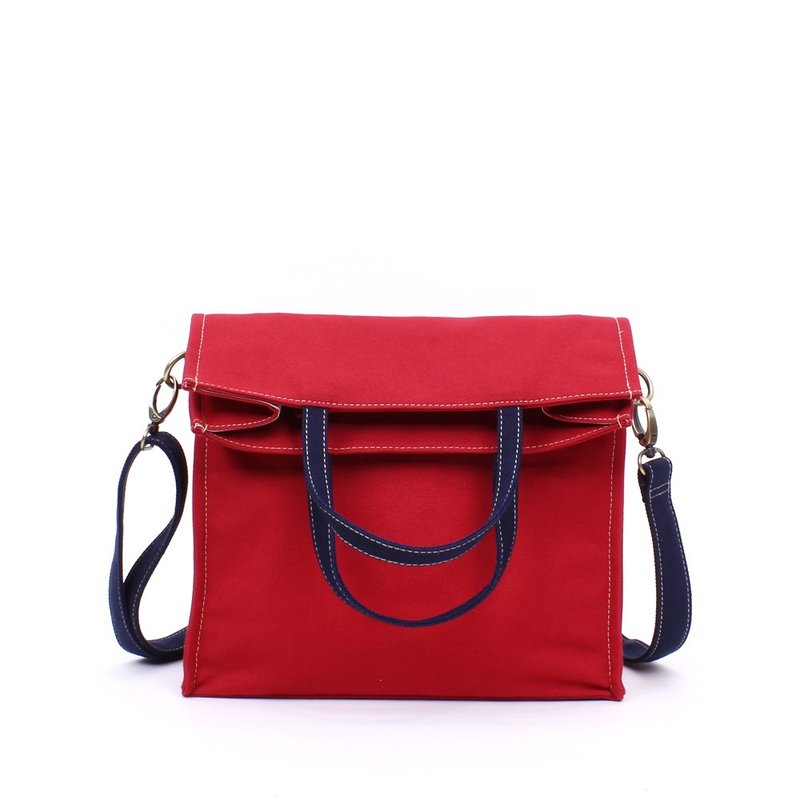 Unpaper bag - red+navy blue(strap) - 側背包/斜背包 - 棉．麻 紅色