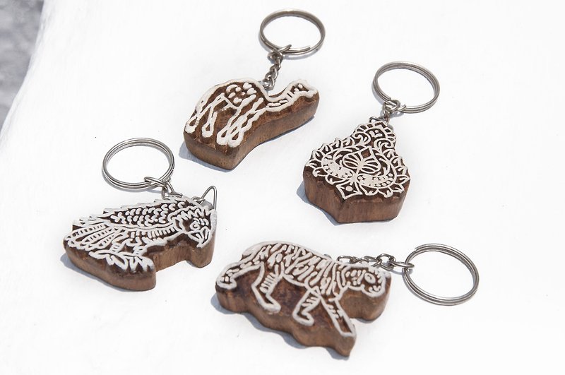 Limited edition wooden stamp/ wooden key ring / Indian handmade wood engraving key ring - camel flower eagle tiger - Keychains - Wood Khaki