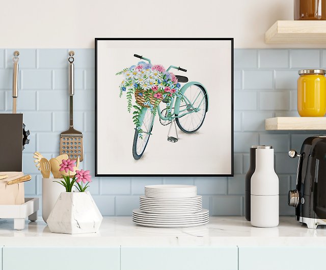 春の外出-手描きの自転車の花の吊り下げ絵画/春の寝室の装飾絵画