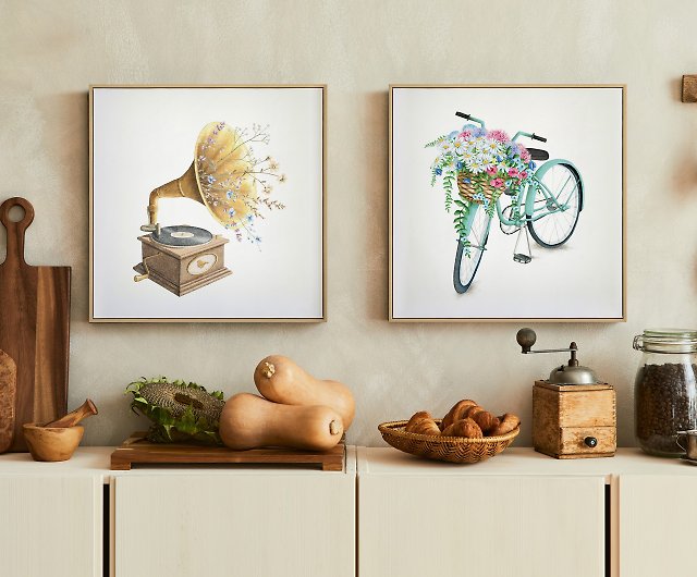 春の外出-手描きの自転車の花の吊り下げ絵画/春の寝室の装飾絵画