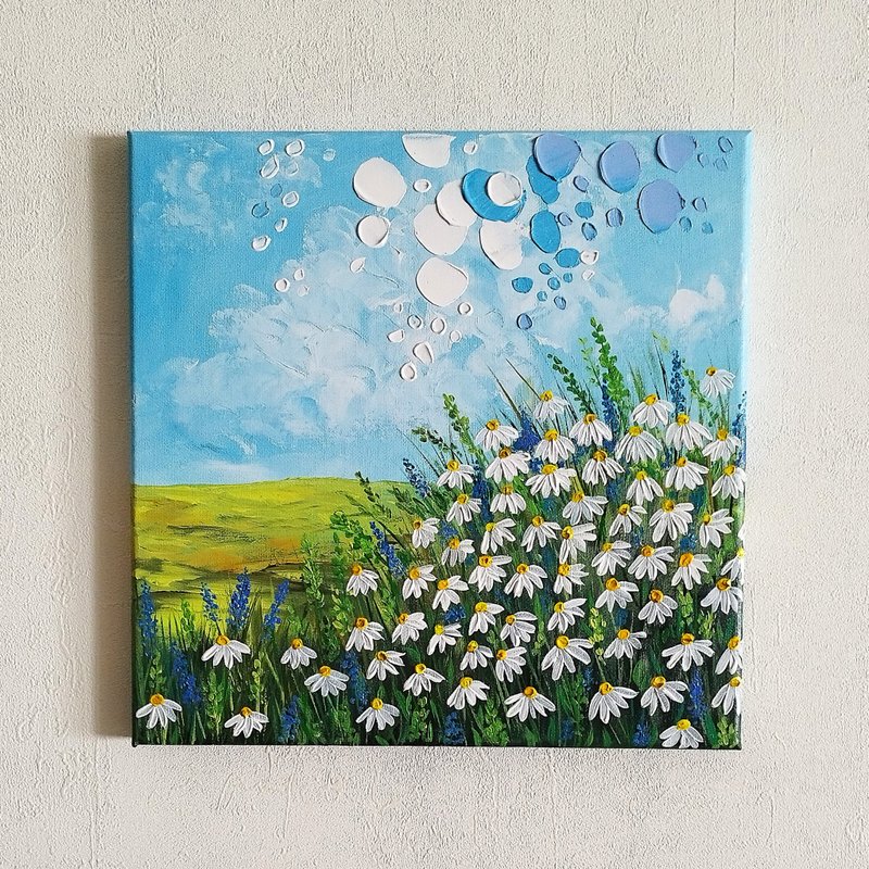 Daisies Painting Landscape Impasto Art Wall Decoration Wildflowers - 壁貼/牆壁裝飾 - 壓克力 多色