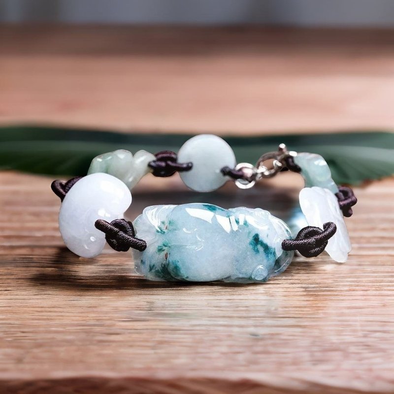 Ice floating blue flower jade goldfish design bracelet | Natural Burmese jade A grade jade | Gift giving - สร้อยข้อมือ - หยก สีใส