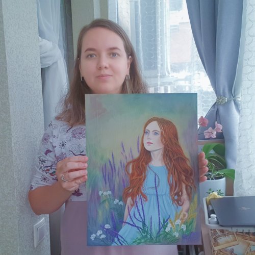 パステル画 女性 女の子の絵ラベンダーオリジナルアート赤髪の女の子の女性ソフト