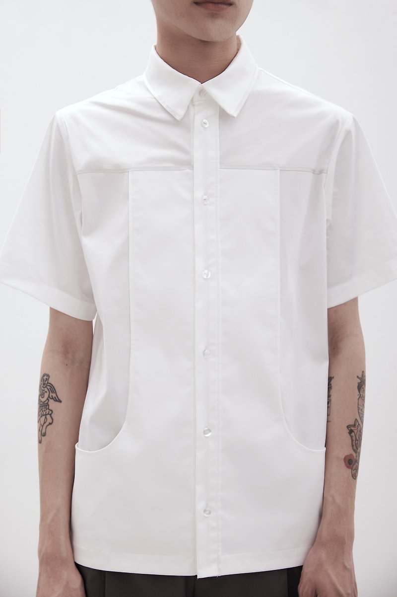 弧形口袋短袖襯衫 - 男襯衫/休閒襯衫 - 棉．麻 白色