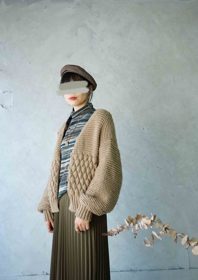 Treasure Vintage - Pinecone Brown Textured Knit Voluminous Sleeve Cropped Cardigan - Women's Sweaters - Polyester Khaki
