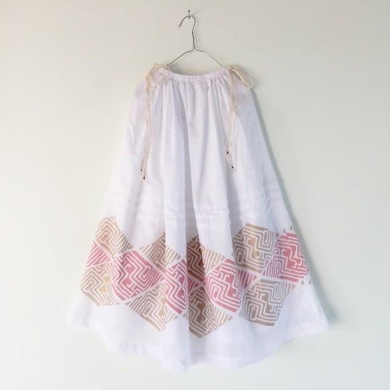 Pink / Block print fluffy gathered skirt - กระโปรง - ผ้าฝ้าย/ผ้าลินิน สึชมพู