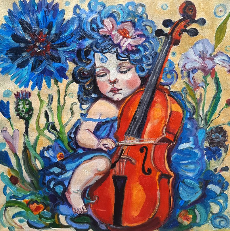 Small Girl Painting Original Art Small Impasto Oil Painting on Canvas - 壁貼/牆壁裝飾 - 其他材質 藍色