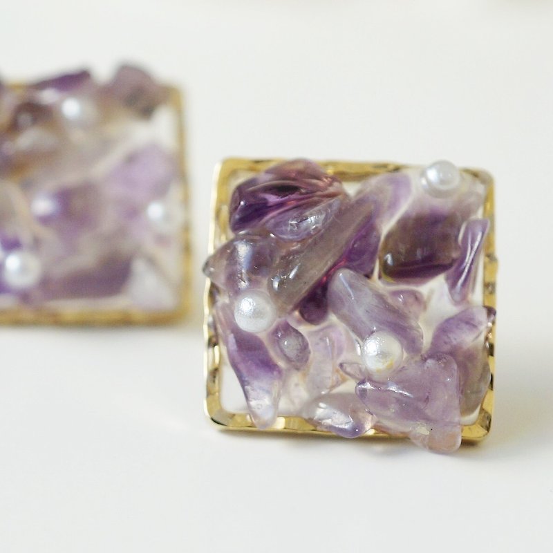 Amethyst natural stone and pearl earrings / Clip-On - ต่างหู - หิน สีม่วง