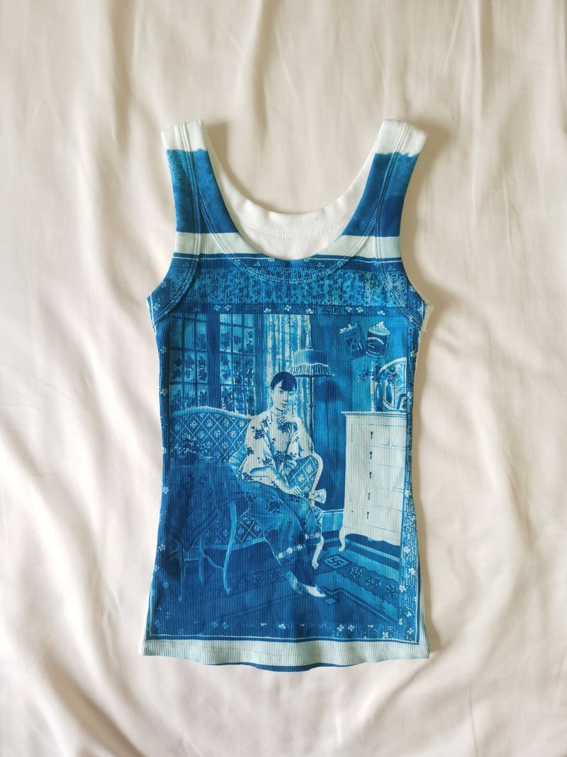 Cyanotype remake Chinese style Republic of China girl slim tank top - Women's Tops - Cotton & Hemp Blue