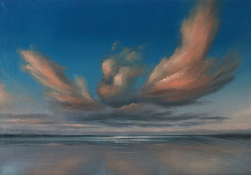 Original Seascape Oil Painting On Canvas Sky Landscape Clouds Artwork Ocean Art - Wall Décor - Cotton & Hemp Multicolor