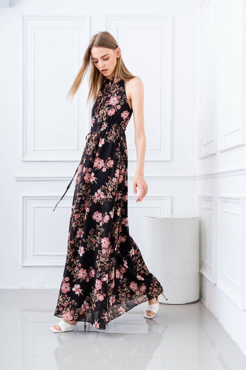 Black floral maxi bridesmaid dress Summer party cocktail halter dress - One Piece Dresses - Polyester Black