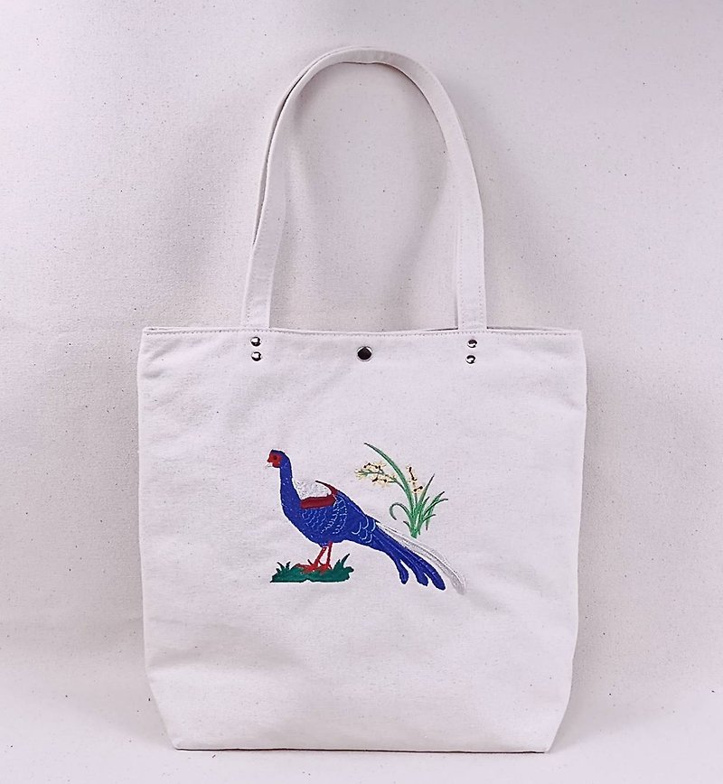 Taiwan endemic species ~ blue-bellied pheasant embroidered handbag shopping bag - กระเป๋าถือ - ผ้าฝ้าย/ผ้าลินิน 