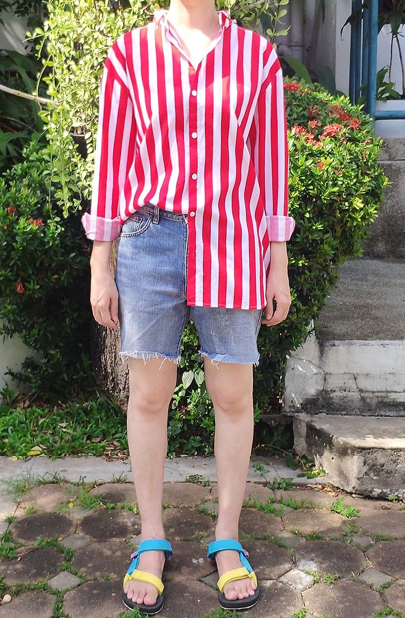 Long Sleeve Tuxedo Style Shirt, Classic Red & White Stripe, 100% cotton - 男襯衫/休閒襯衫 - 棉．麻 紅色