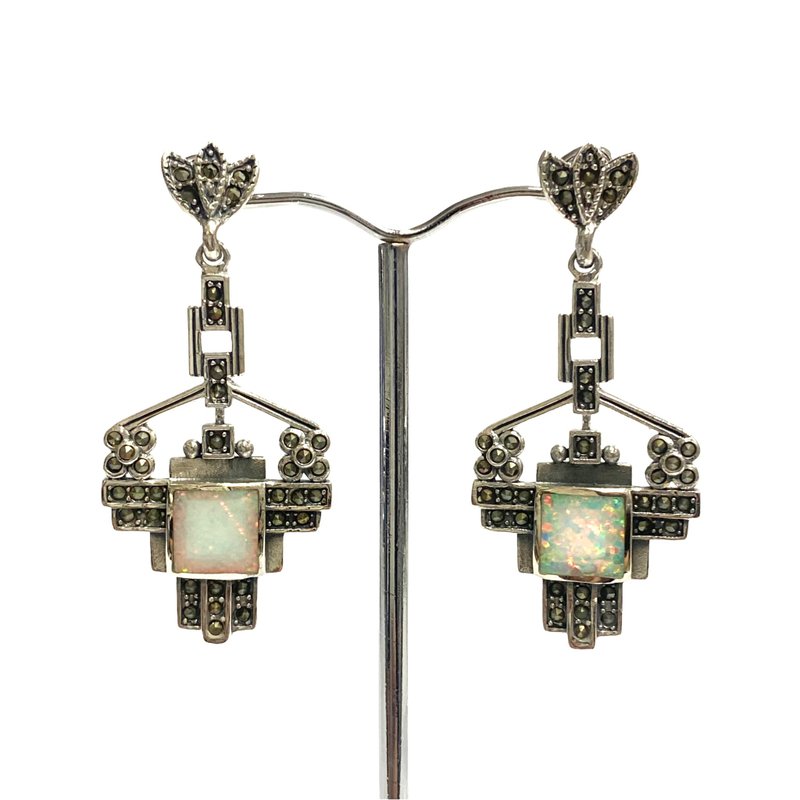 Art Deco Fine Gilson Opal and Marcasite Stone Drop Earrings 925 Sterling Silver - 耳環/耳夾/耳骨夾 - 純銀 銀色