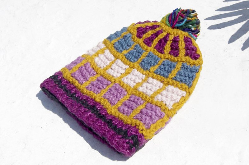 Christmas gift Christmas gift for the full moon limited one children's wool hat / knitted pure wool warm hat / children's knitted wool hat / inner brush hat / knitted wool hat / children's wool hat-sunny contrast color geometric checkered palette - Other - Wool Multicolor