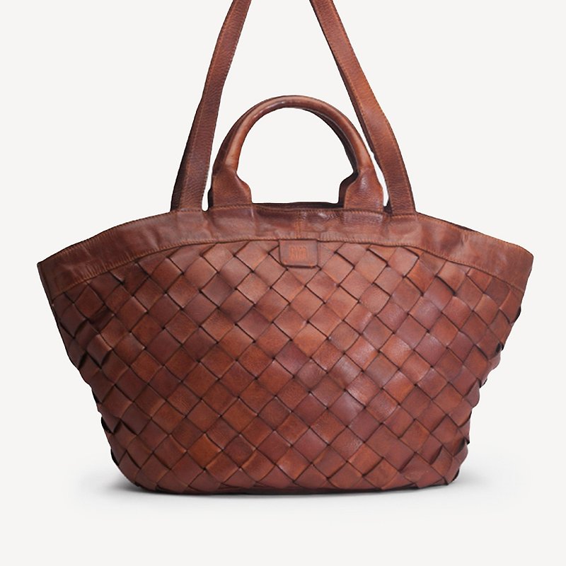 [Spain BIBA] Lewisburg hand-woven basket shoulder bag Brown coffee - Handbags & Totes - Genuine Leather Brown
