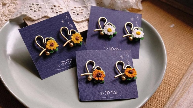 鈎針編織 愛心金屬框菊花 - 耳環/耳夾/耳骨夾 - 棉．麻 