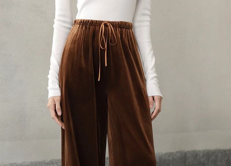 Chinese style new Chinese velvet elastic waist loose drape straight pants - Women's Pants - Other Materials Brown