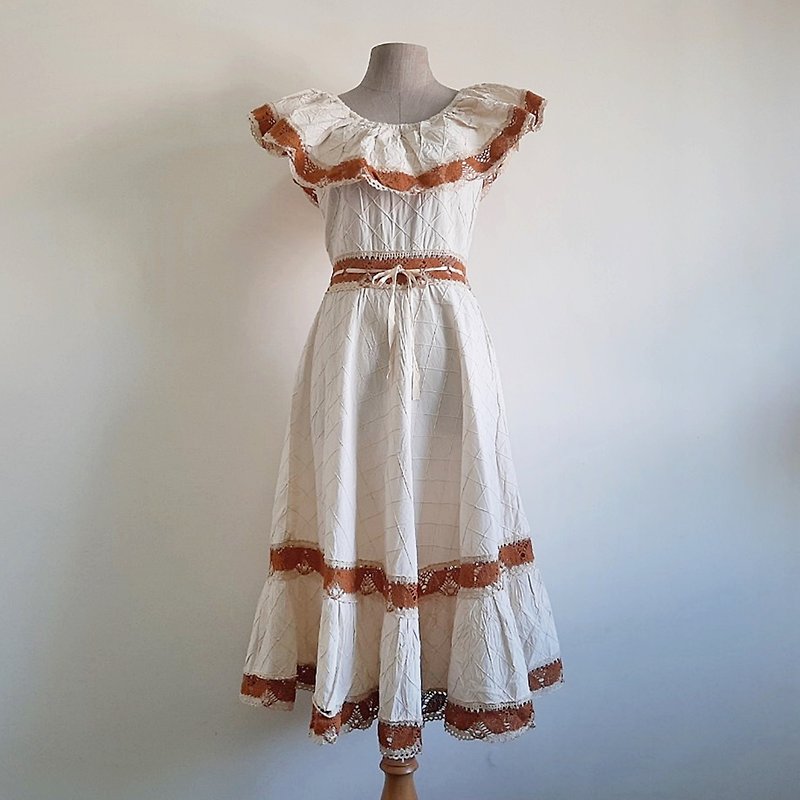 Vintage Brown Cream Mexican Dress - ชุดเดรส - ผ้าฝ้าย/ผ้าลินิน 