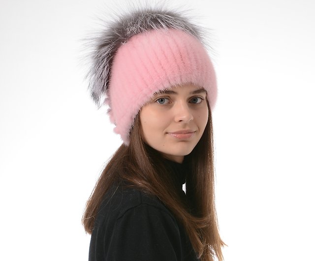 女性の毛皮ミンクニット帽子、大きなポンポンフォックスファーと暖かい