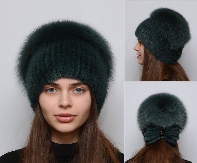 女性の毛皮ミンクニット帽子、大きなポンポンフォックスファーと暖かい ...